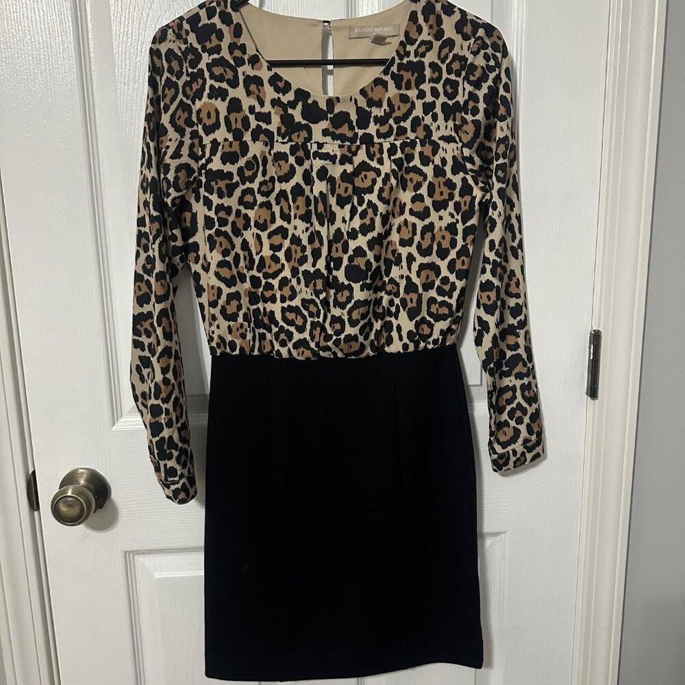 Banana Republic Leopard Print Black Long Sleeve Dress, Cocktail Dress, Like New